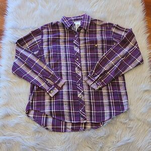 Cabin creek womens purple, black and white plaid long sleeve button‎ down shirt